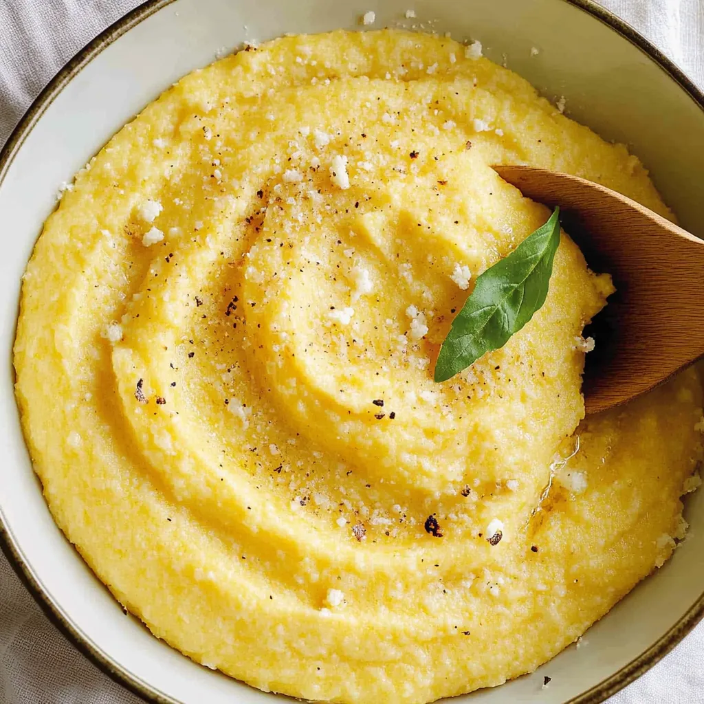 Una ciotola di polenta con speck e una foglia di basilico.