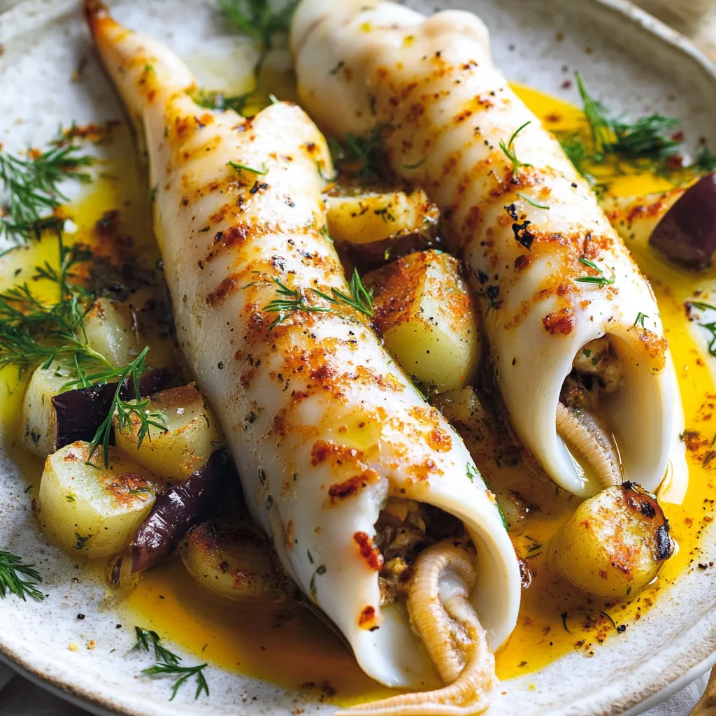 Calamari con spezie e erbe su piatto.
