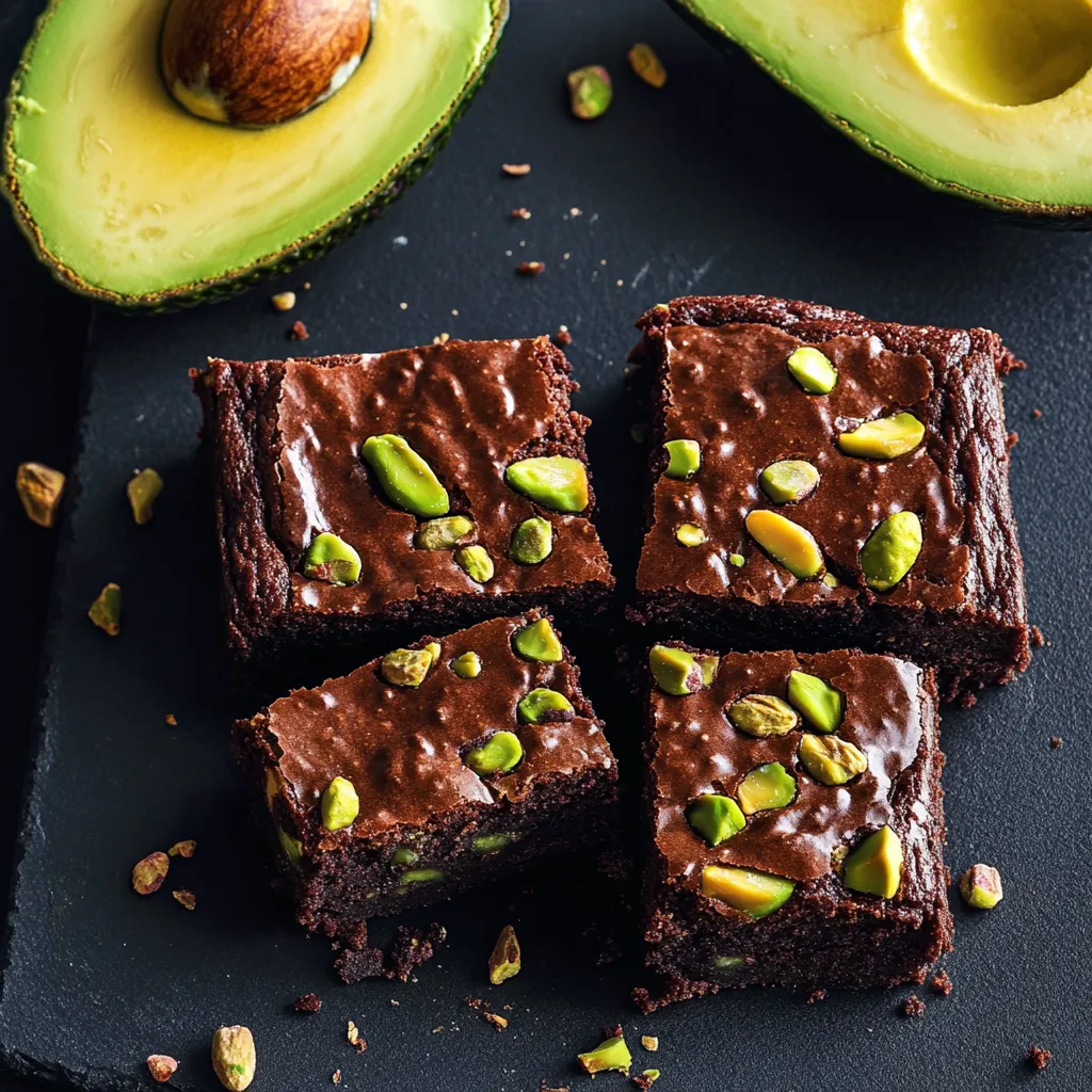 Brownie con pistacchi e una fetta di avocado accanto.