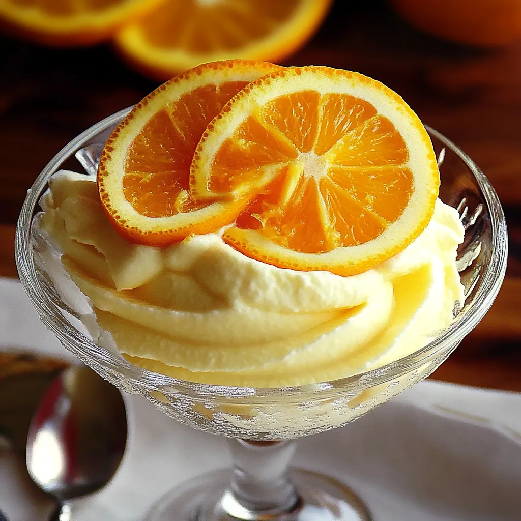 Un bicchiere pieno di crema bianca e spicchi d’arancia.