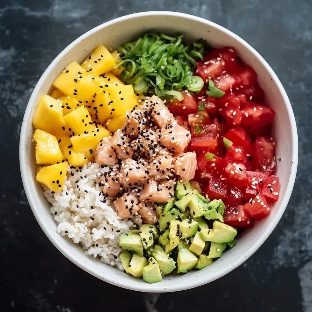 Pokè bowl con mango, cetriolo, lime, pomodoro, avocado, salmone e semi di sesamo.