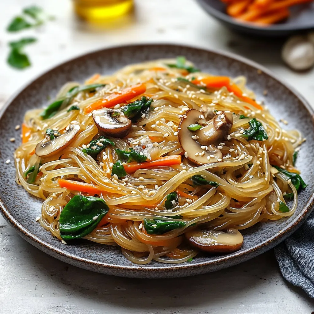 Tavolo imbandito con noodles verdure e funghi.