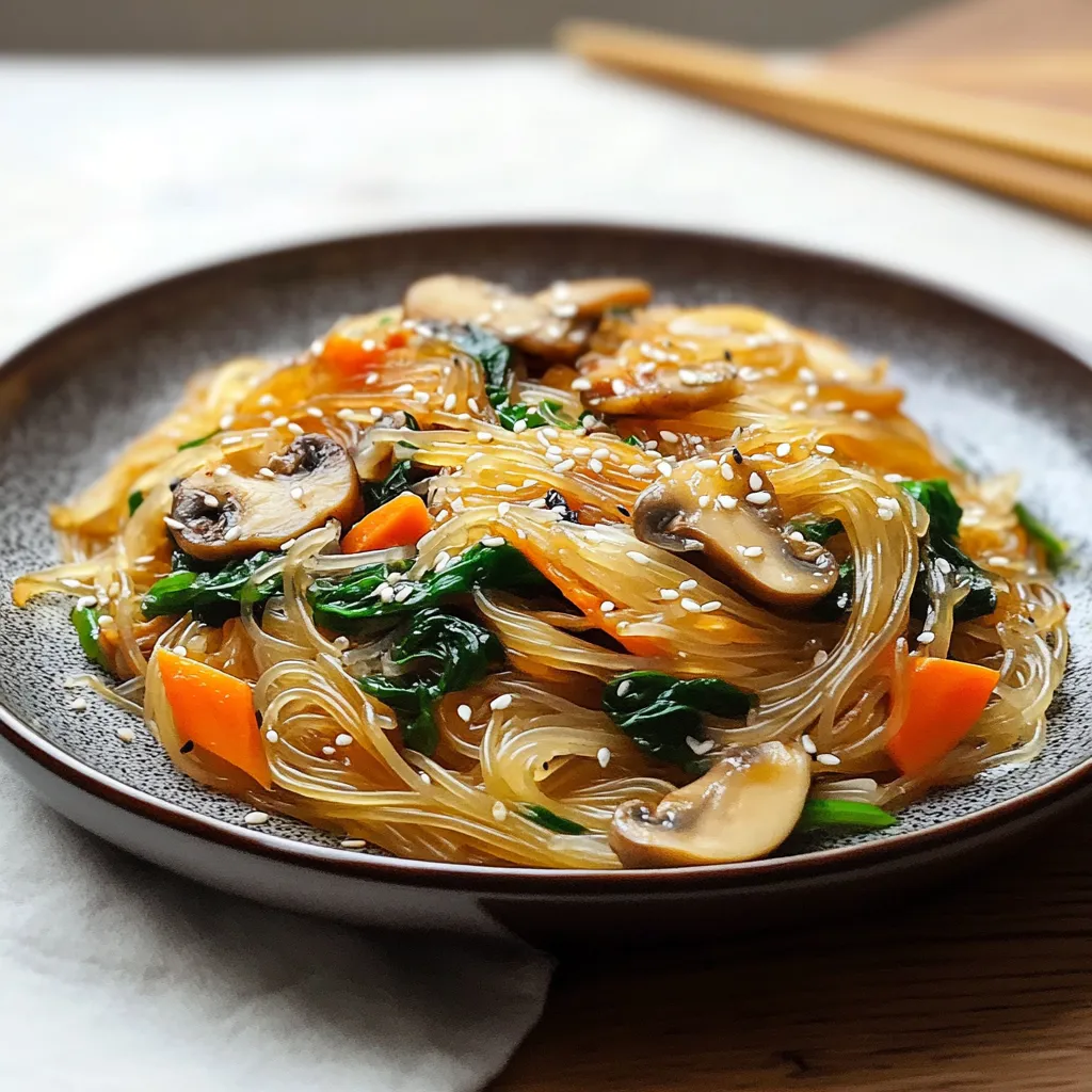 Spaghetti di soia con funghi e verdure colorate al centro della tavola.