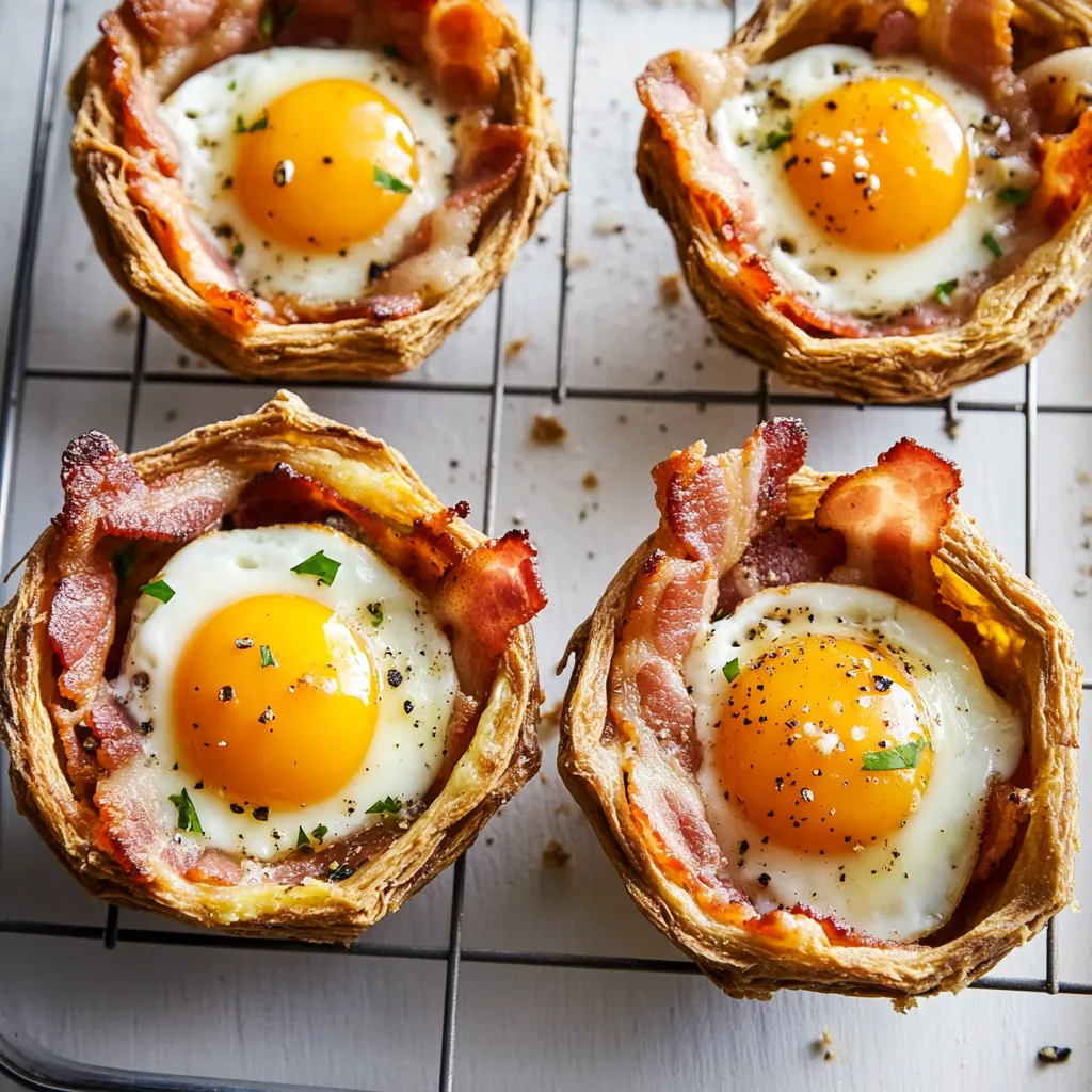 Quattro contenitori con uova e pancetta.