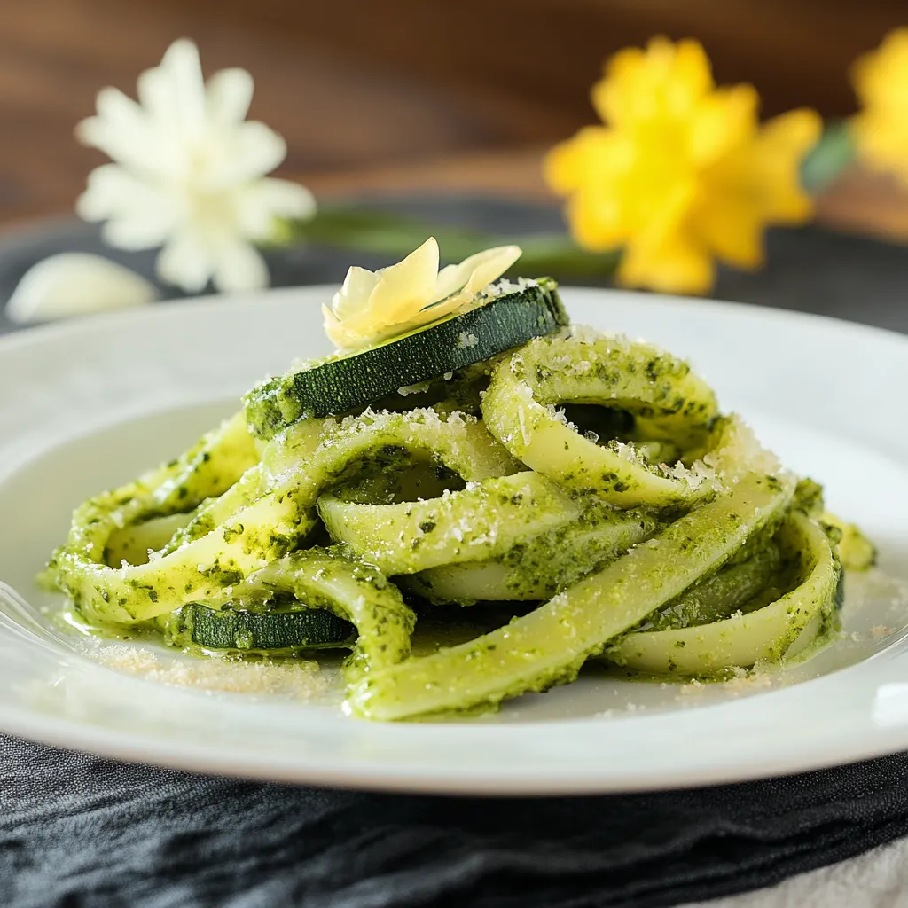 Un piatto di pasta con zucchine e pesto.