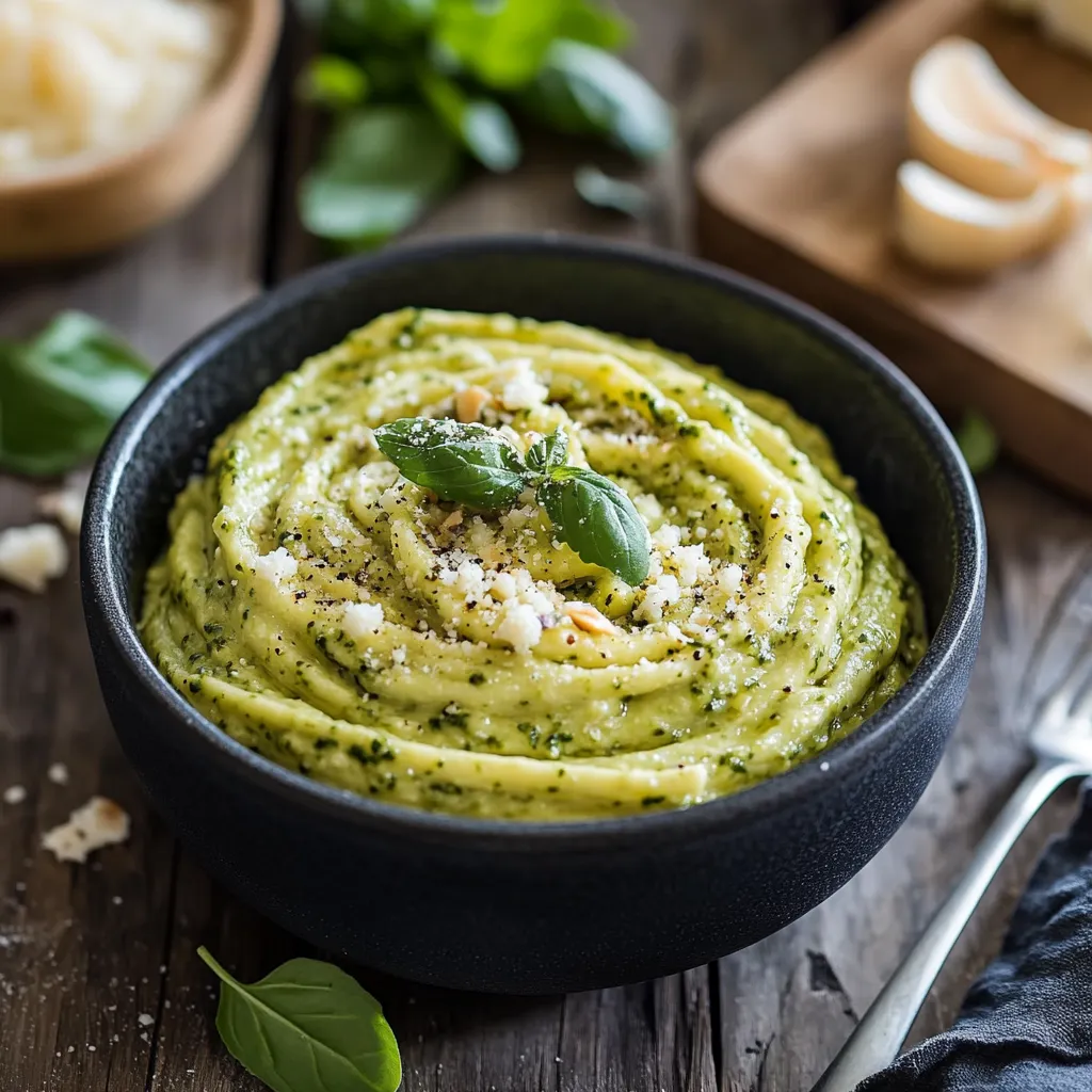 Una scodella piena di crema di zucca e basilico fresco.