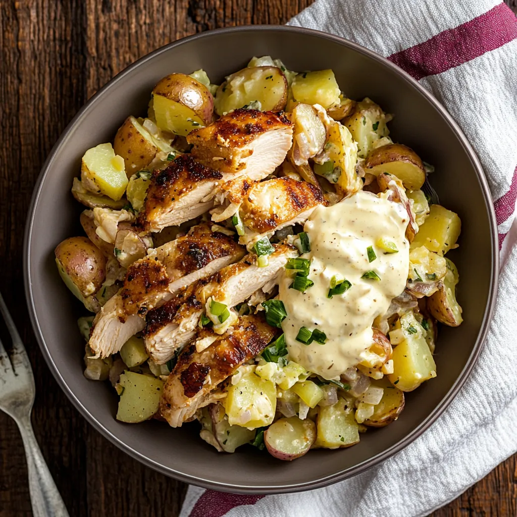 Portate di pollo con patate e insalata ricca.