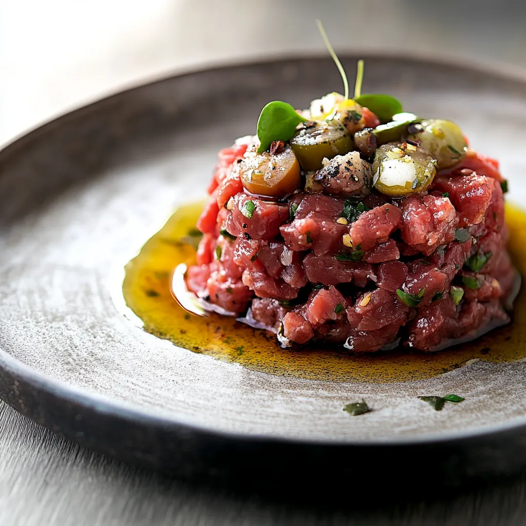 Un piatto di manzo guarnito con olive e verdurine.