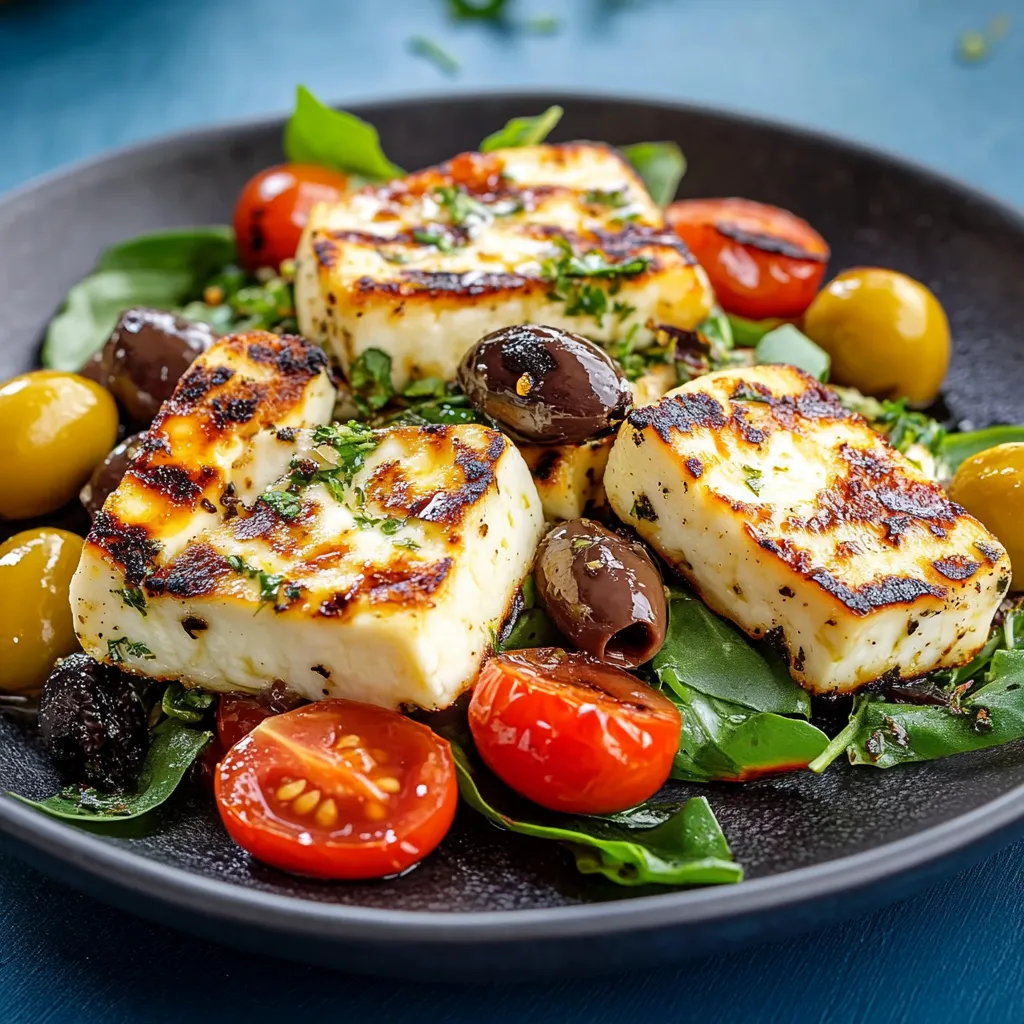 Piatto di insalata con formaggio grigliato e olive.