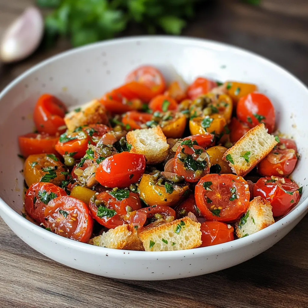 Ciotola con pomodori freschi e pane croccante.