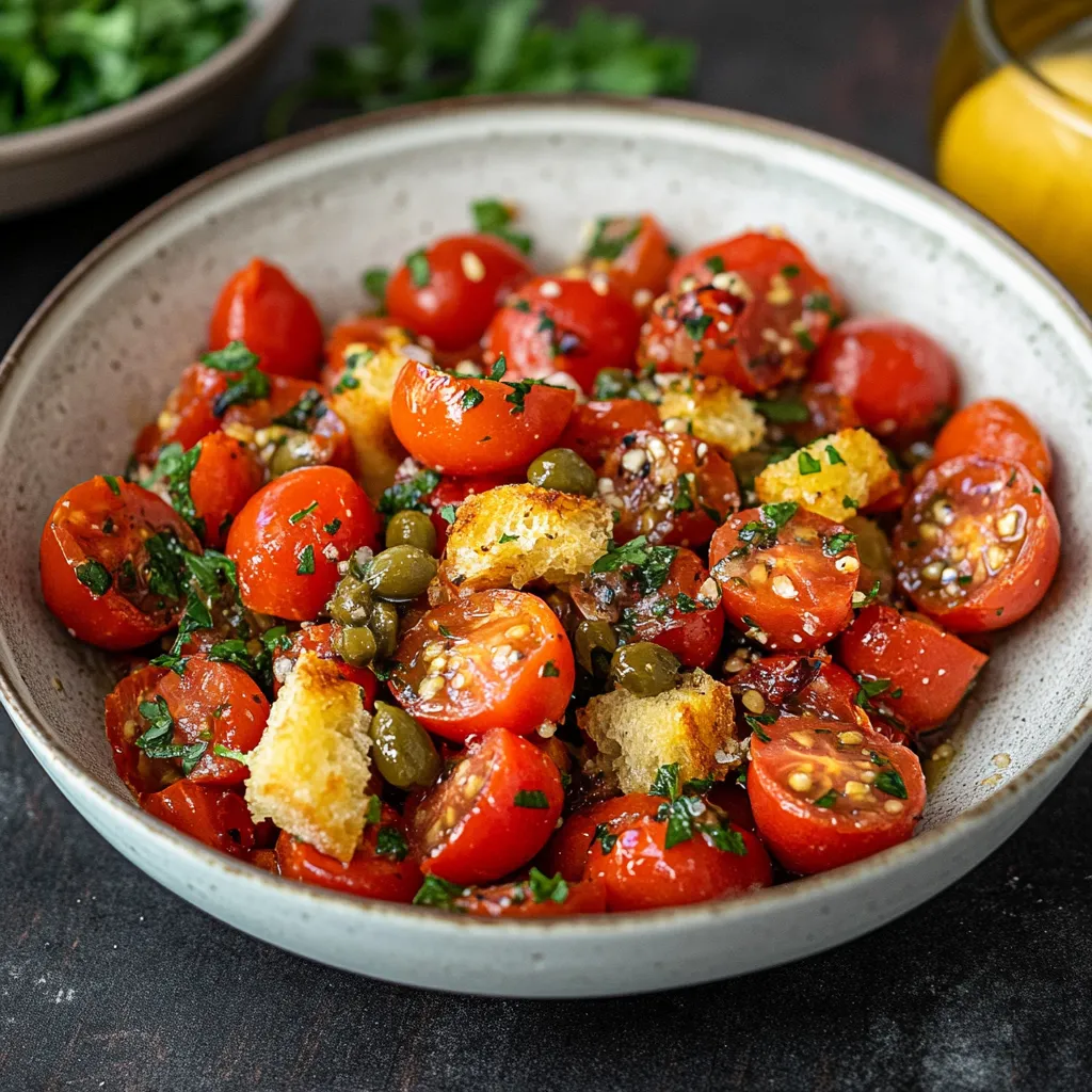 Ciotola con pomodori verdure e pane croccante.