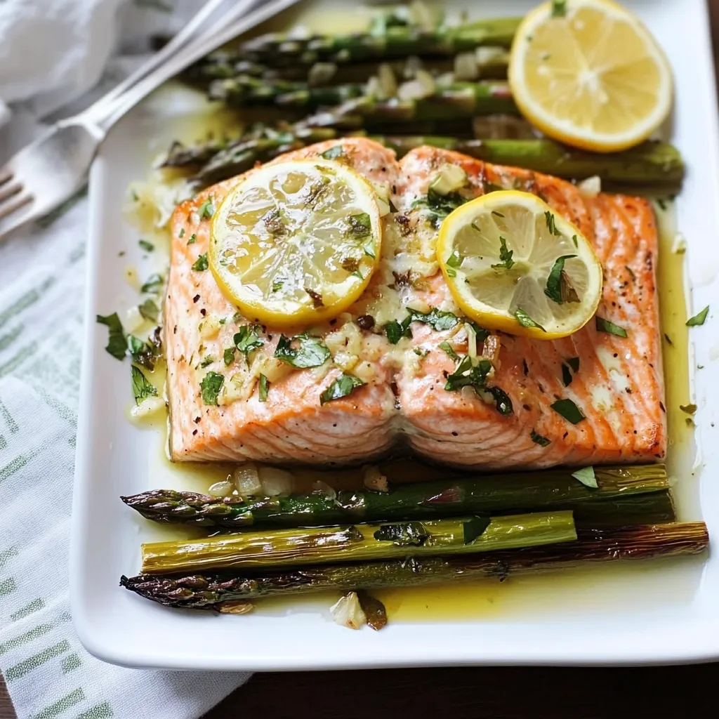 Fette di salmone con asparagi ed erbe aromatiche.