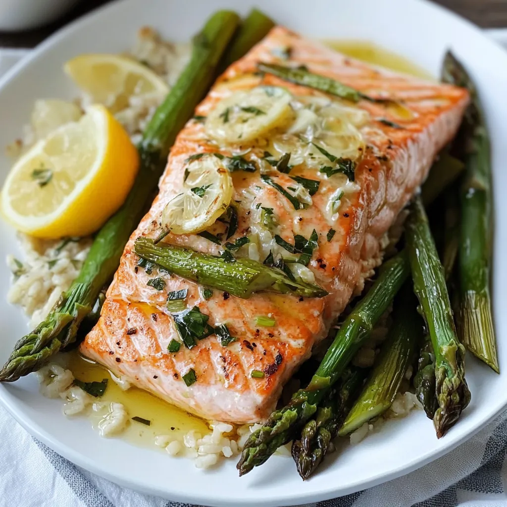 Salmone al forno con asparagi e limone.