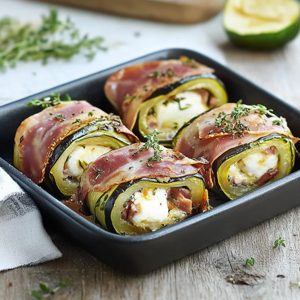 Verdure farcite con speck e mozzarella su piatti.