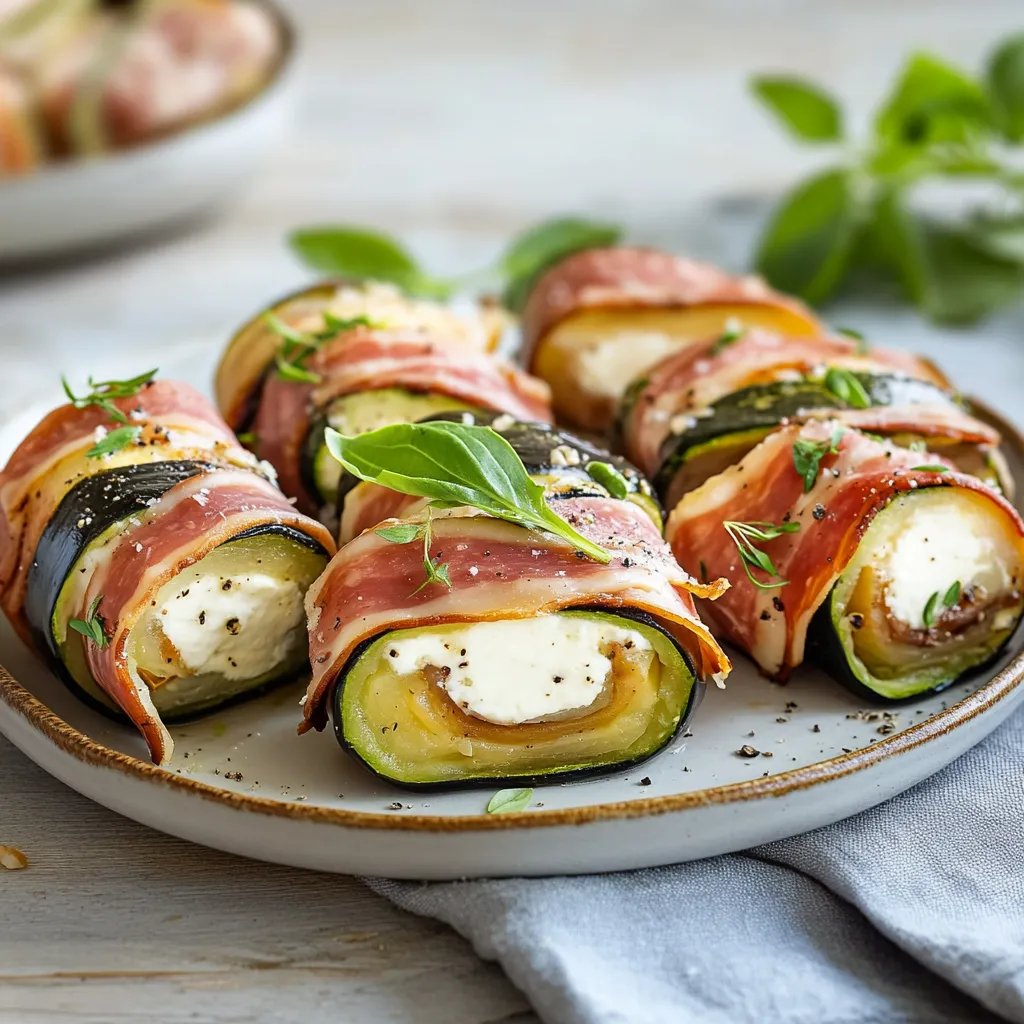 Verdure farcite e prosciutto su piatto.