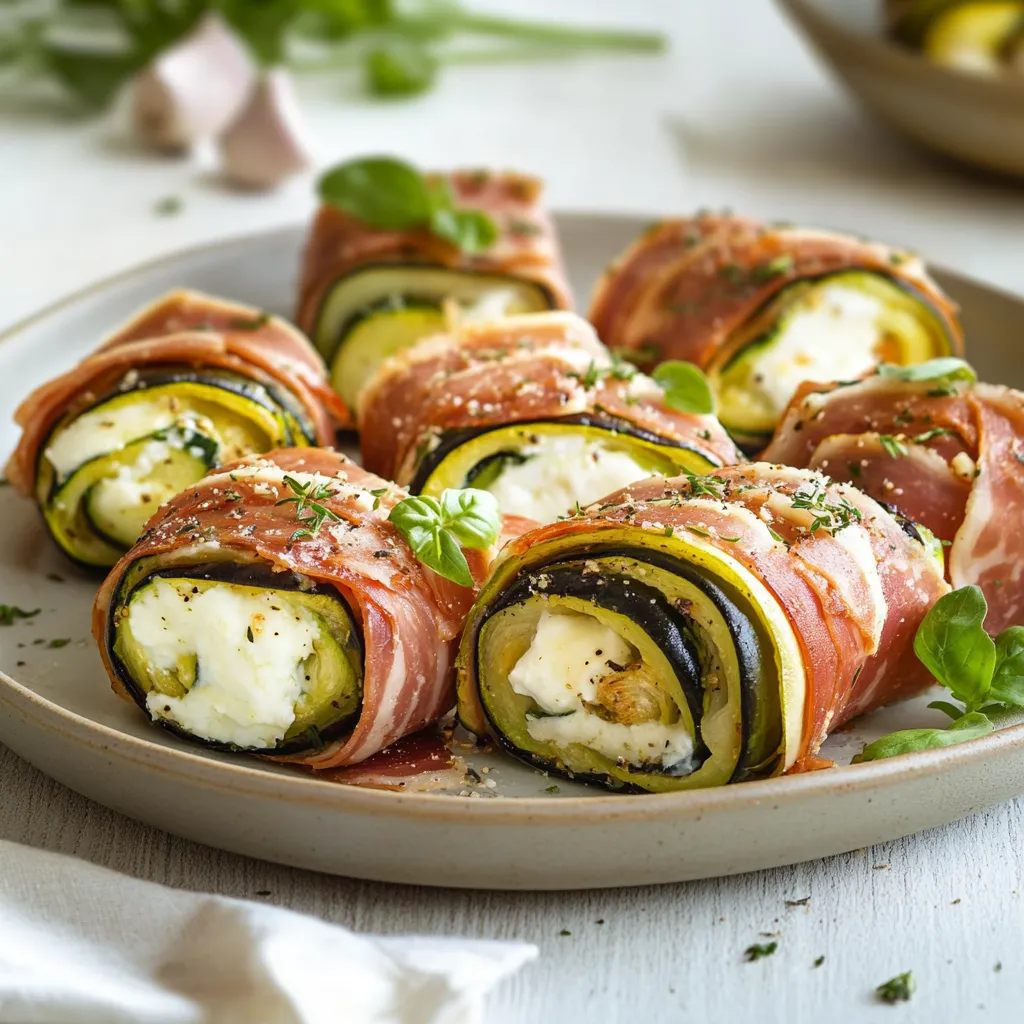 Rotoli di zucchine farcite con formaggio e prosciutto.