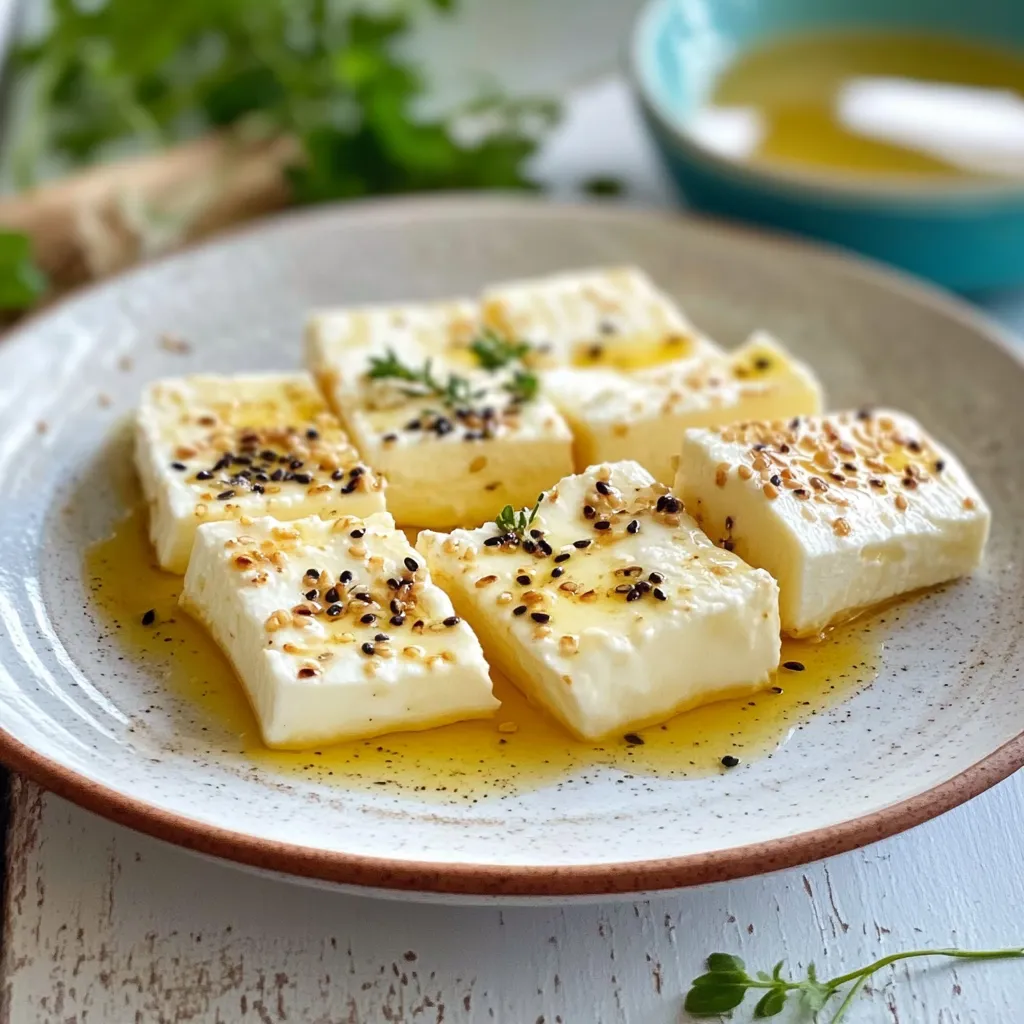 Quattro pezzetti di feta ricoperti di semi di sesamo.