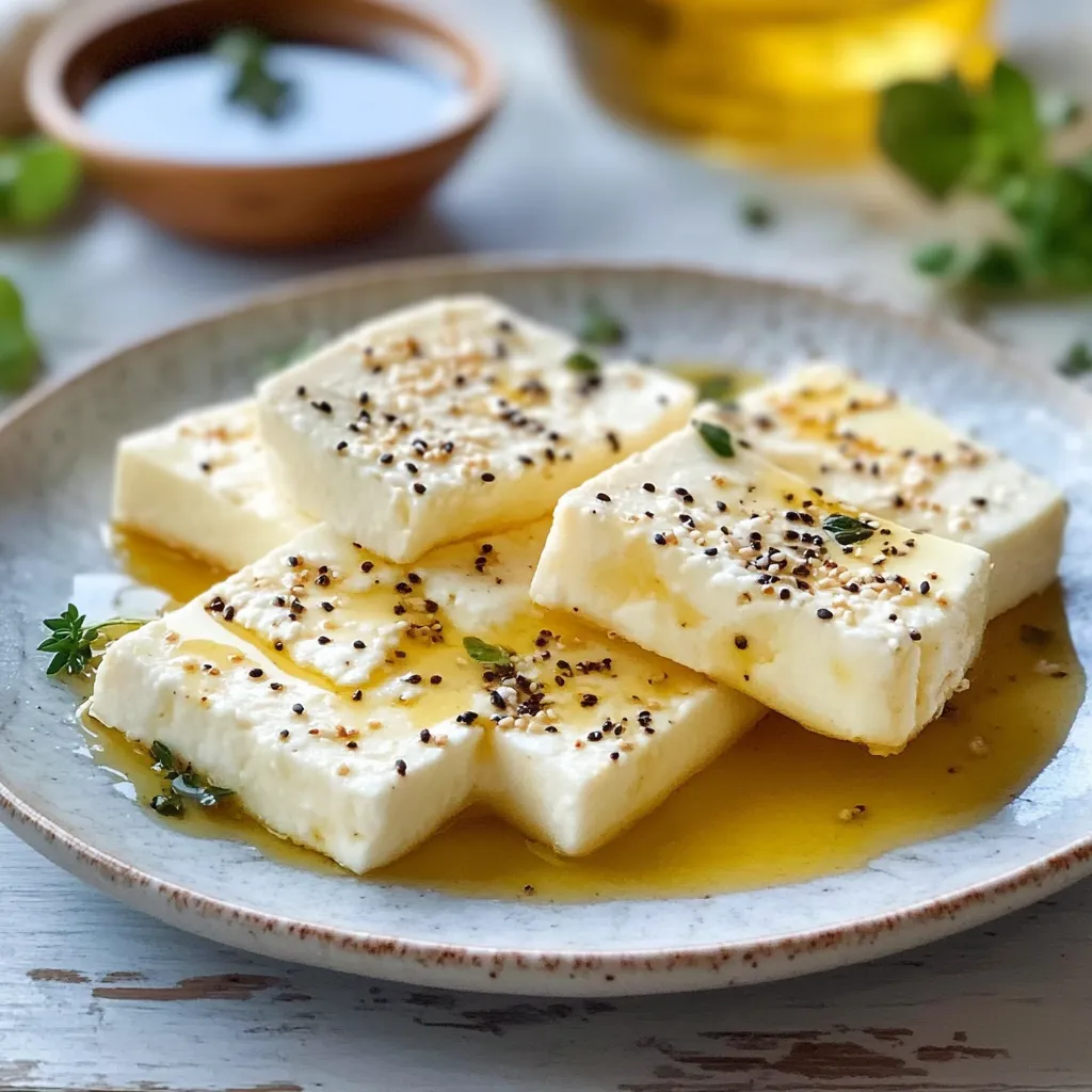 Quattro pezzetti di feta ricoperti di semi di sesamo.