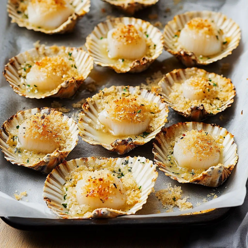 Capesante dorate su piatti con crostini ed erbe fresche.