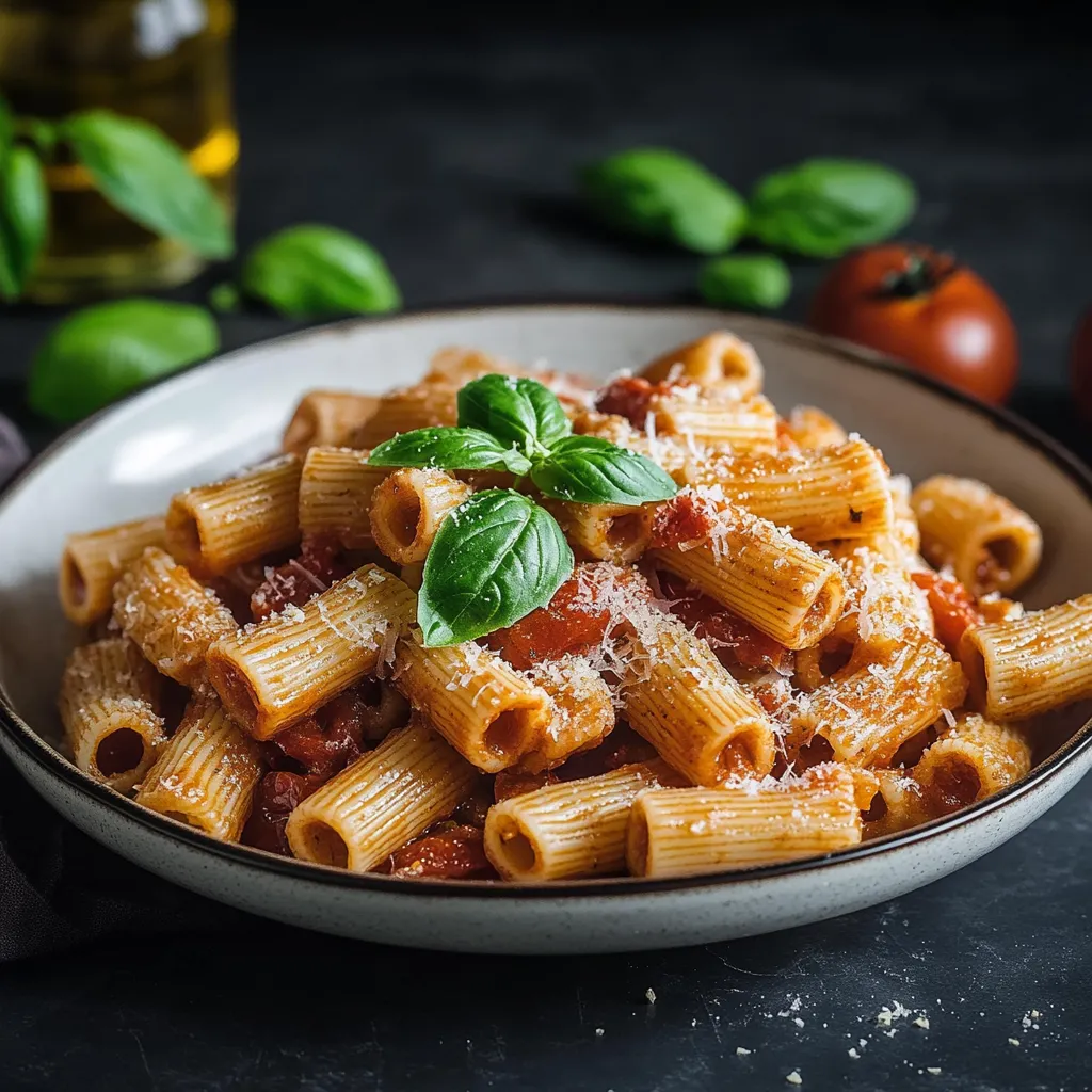 Penne con salsa e basilico.