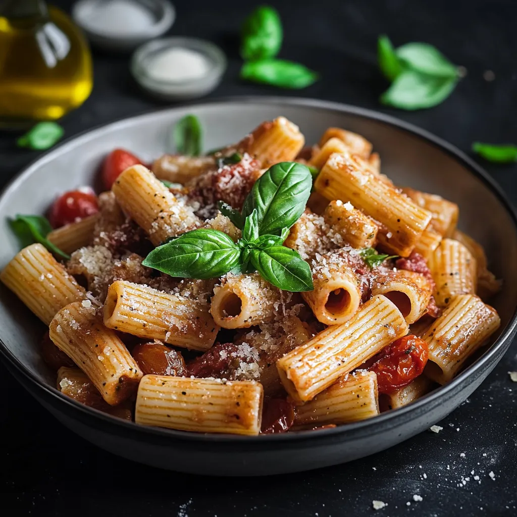 Penne con basilico e pomodoro nel piatto.