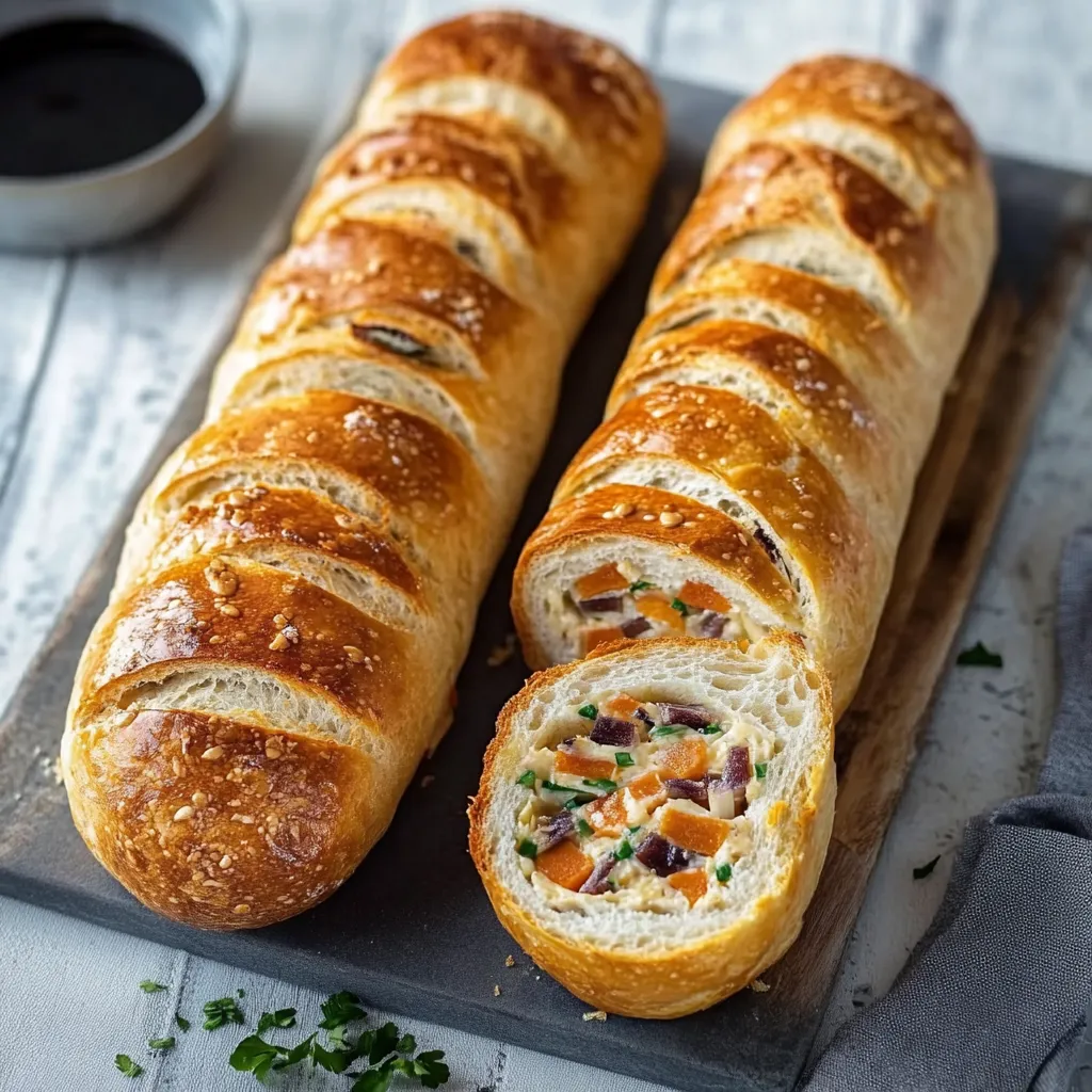 Due filoni di pane con verdure e formaggio.
