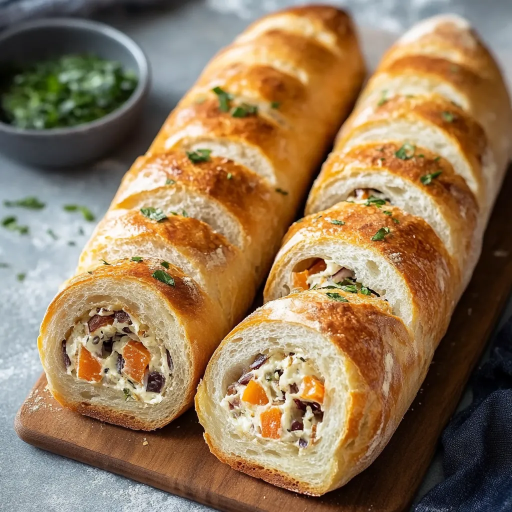 Due filoni di pane ripieni con vari ingredienti.