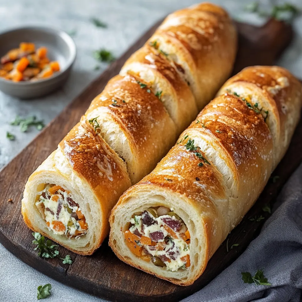Due filoni di pane farciti con verdure e formaggio.