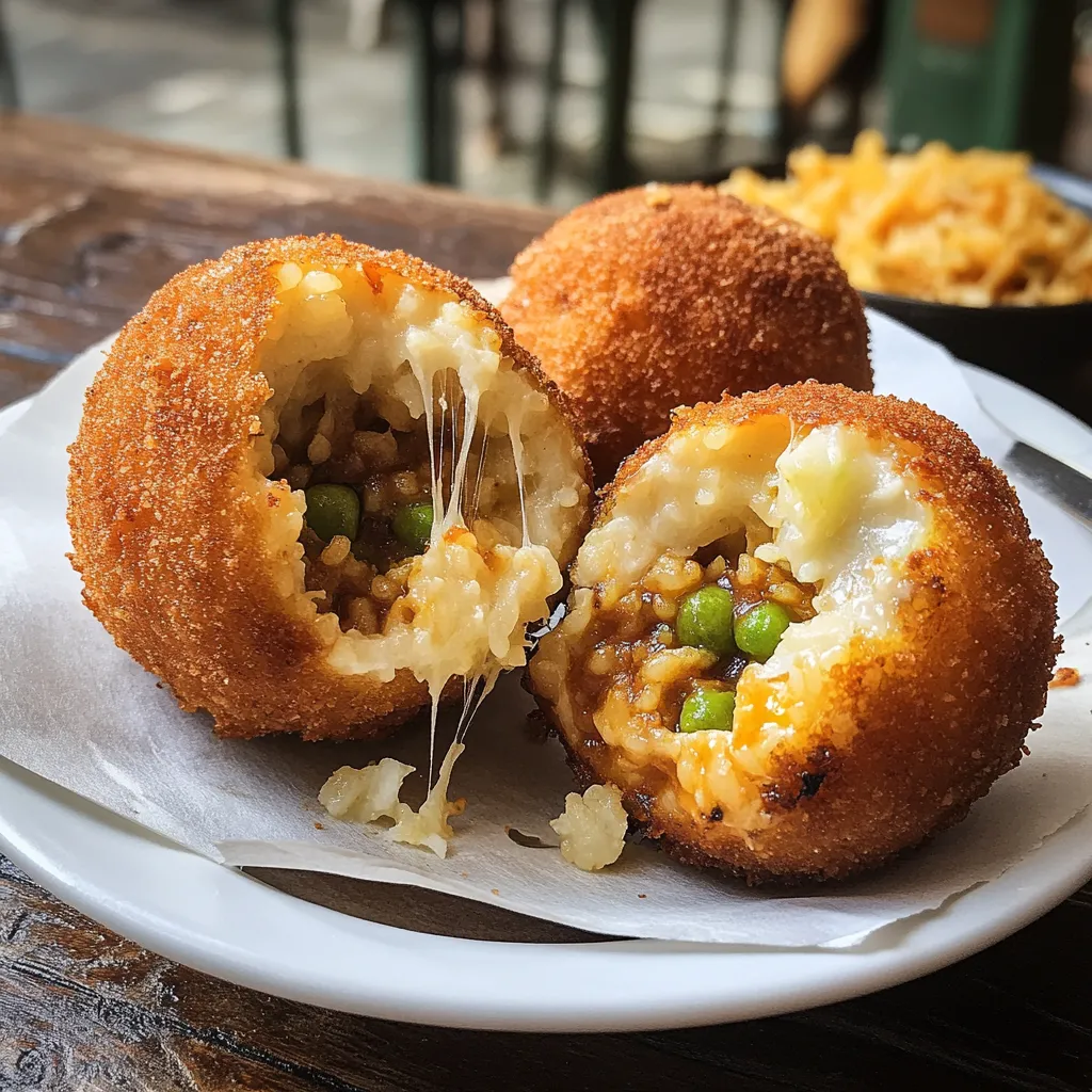 Arancini dorati con cuore di formaggio e ragù.