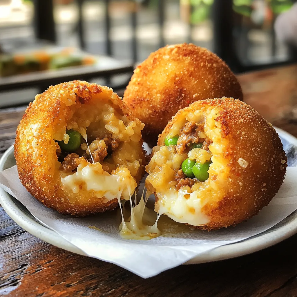 Arancini croccanti con formaggio filante e verdure.