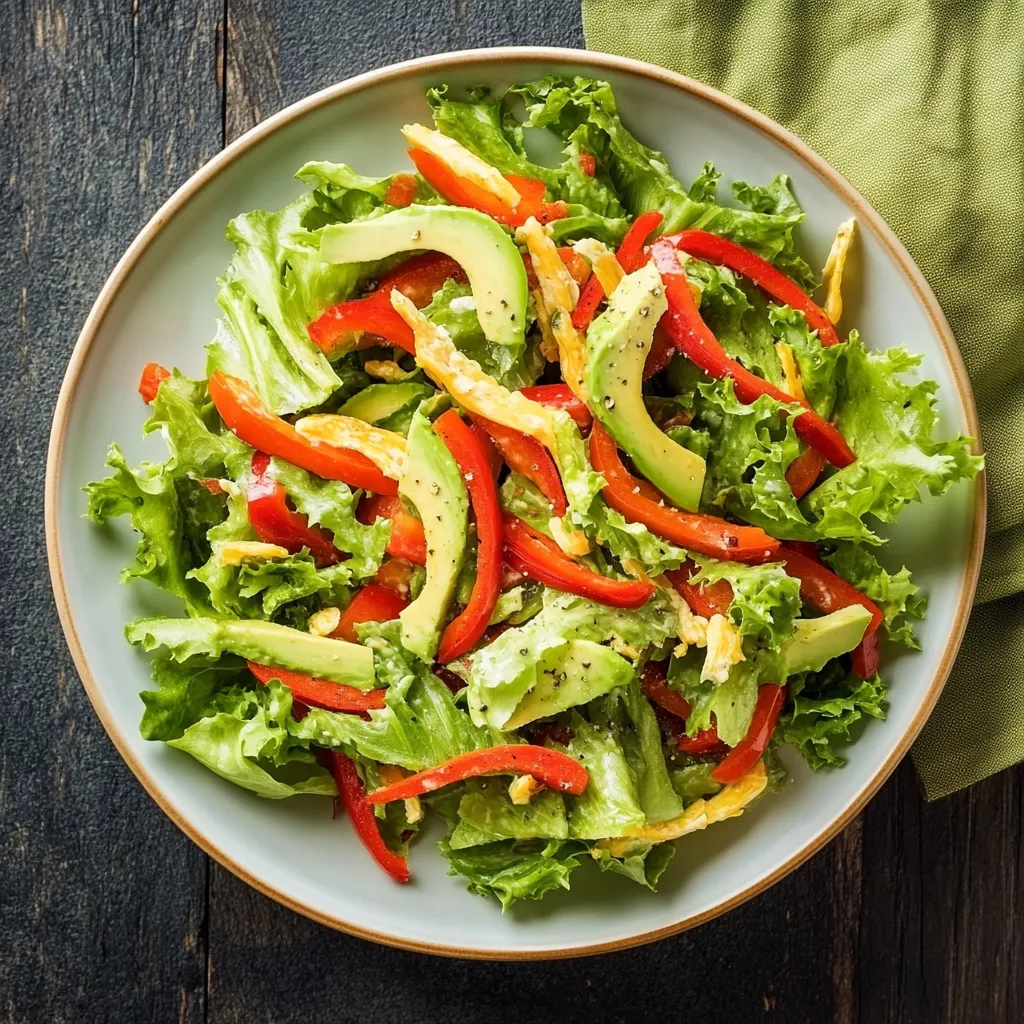 Ciotola con lattuga, peperoni e avocado freschi.