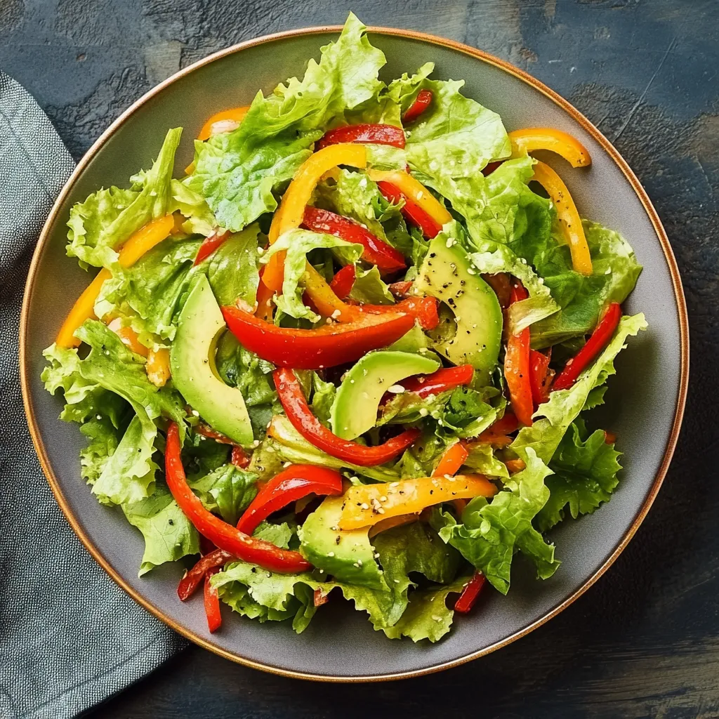 Ciotola di insalata con peperoni, avocado e lattuga.