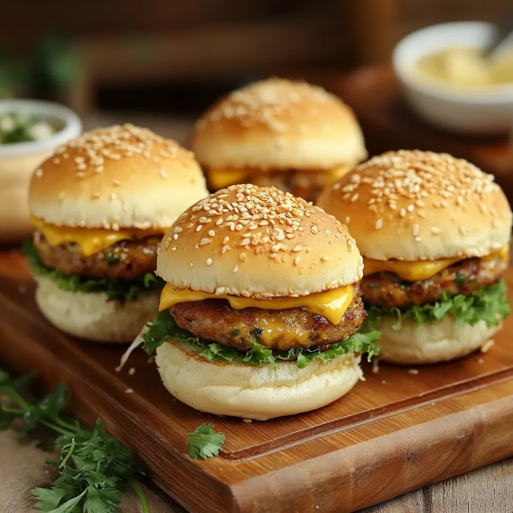 Burger piccoli con patatine fritte e formaggio.
