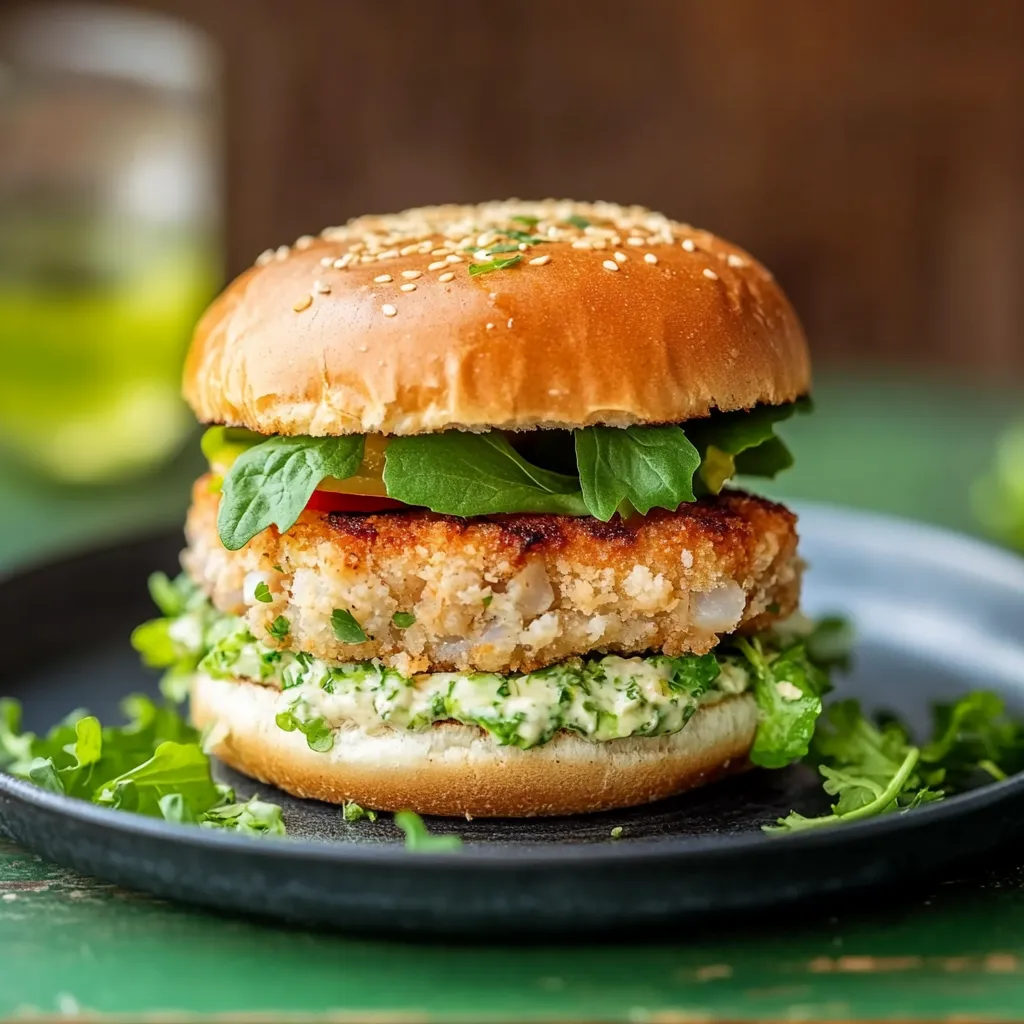 Burger di tonno con lattuga e patatine.