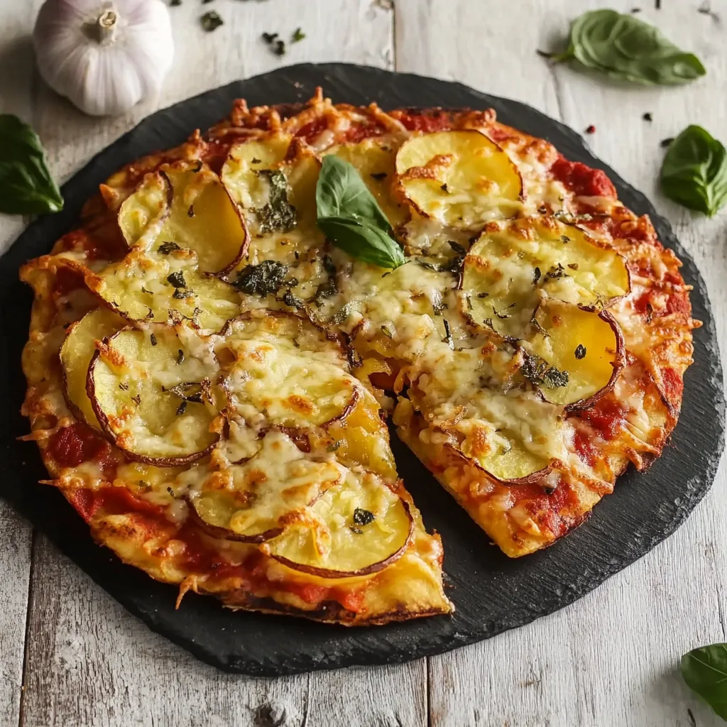 Pizza con patate e basilico fresca e invitante.