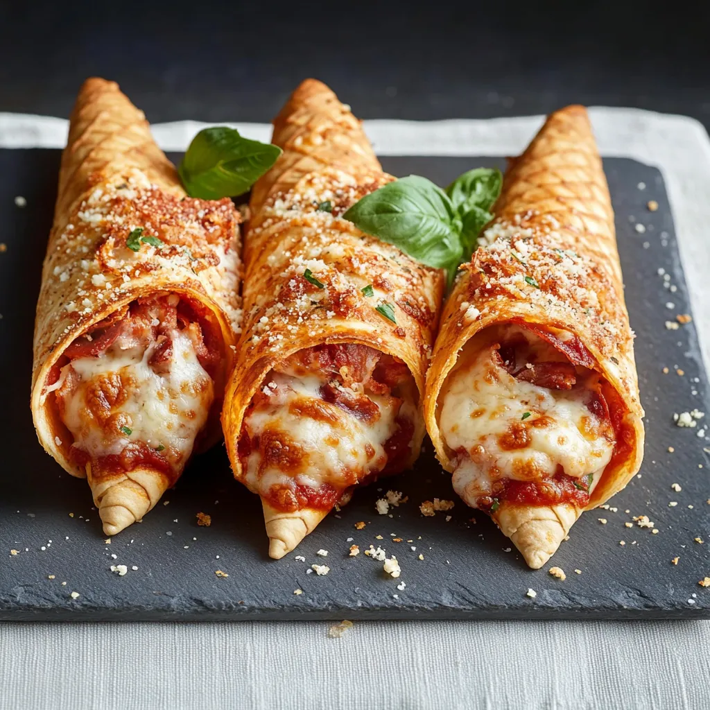 Tre coni di impasto con ricotta e basilico.
