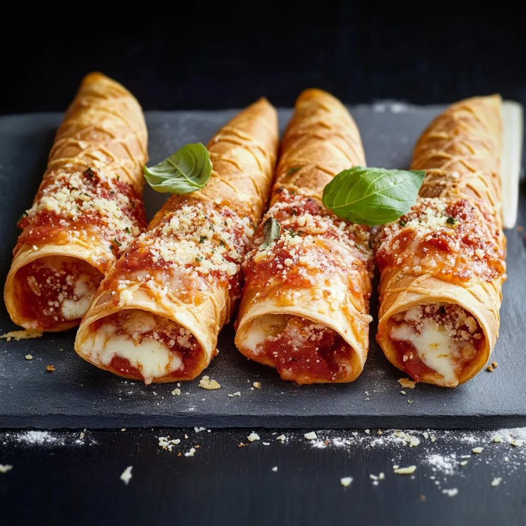 Quattro coni di impasto con ricotta e basilico.