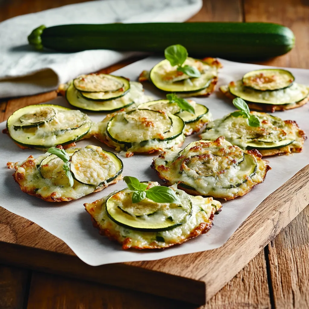 Fette di zucchina con formaggio e foglie verdi.