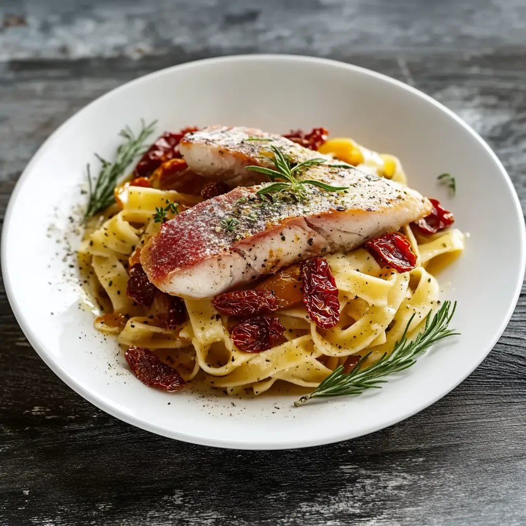 Pasta con pesce, pomodori secchi e aromi.