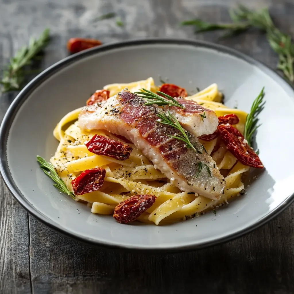 Pasta e pesce con erbe aromatiche.