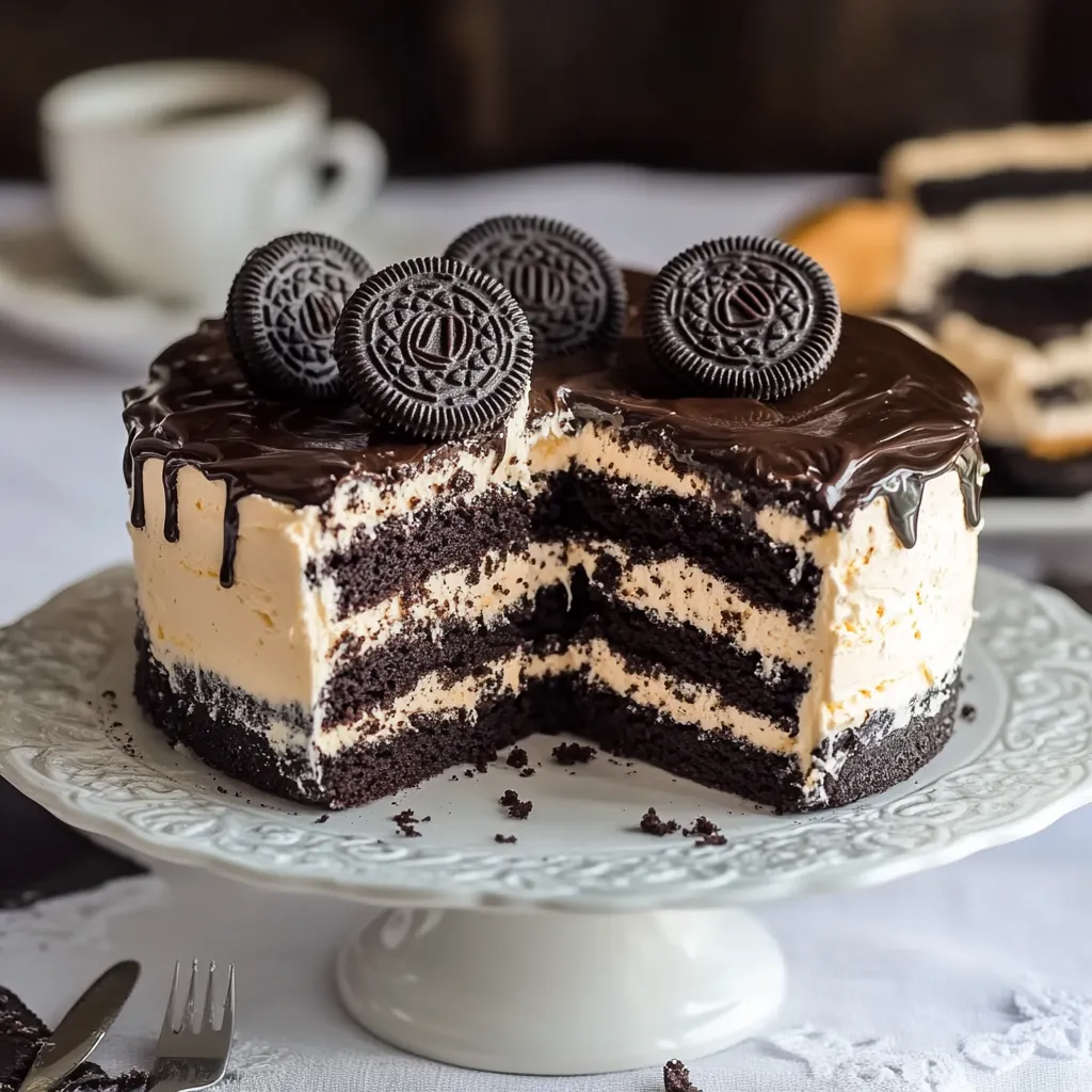 Una torta cremosa con biscotti e crema di cacao spalmabile.