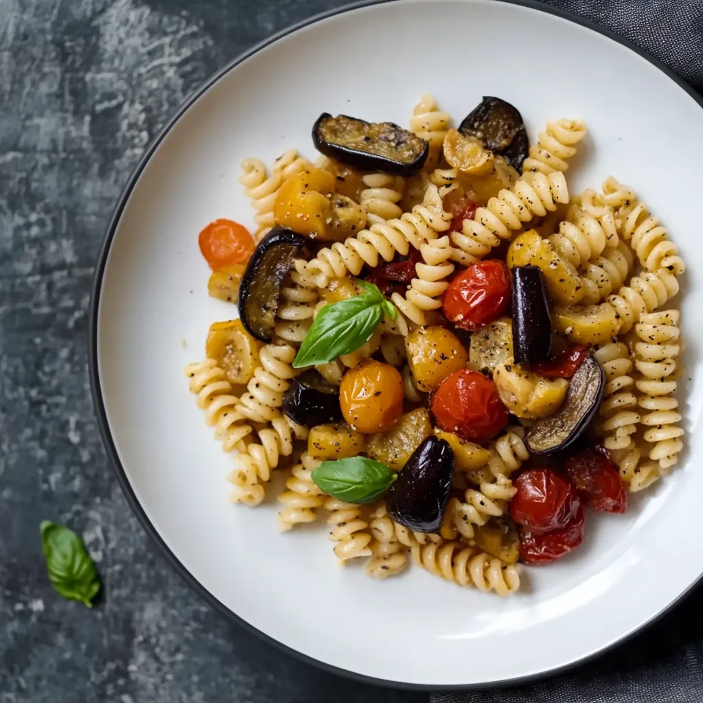 Pasta con melanzane e pomodori freschi.