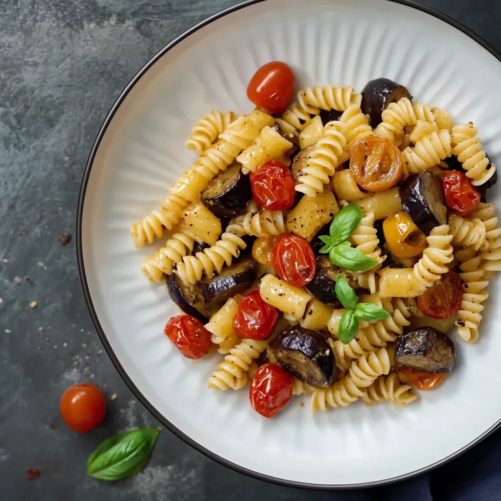 Pasta colorata con verdure e pomodorini.