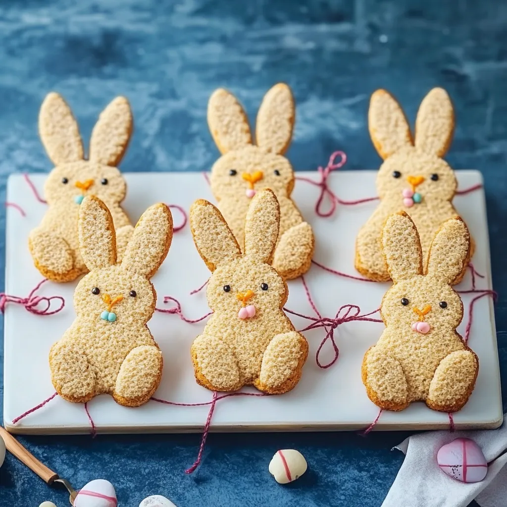 Sei biscotti a forma di coniglio disposti su un piatto.