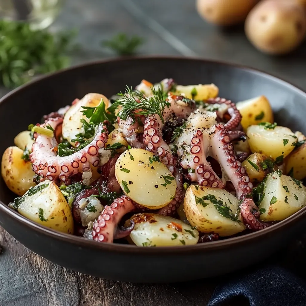 Una ciotola con patate e polpo su un tavolo.