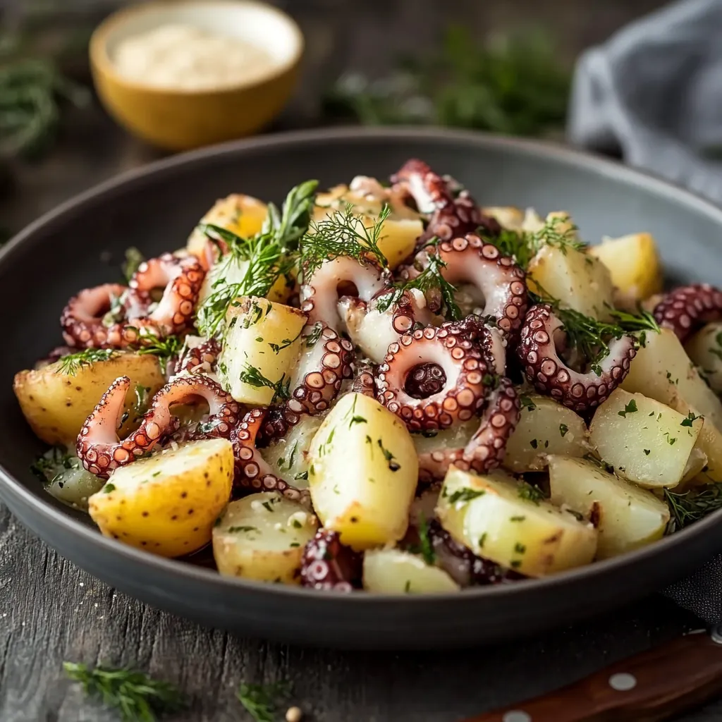 Una scodella con patate e polpo pronta da gustare.