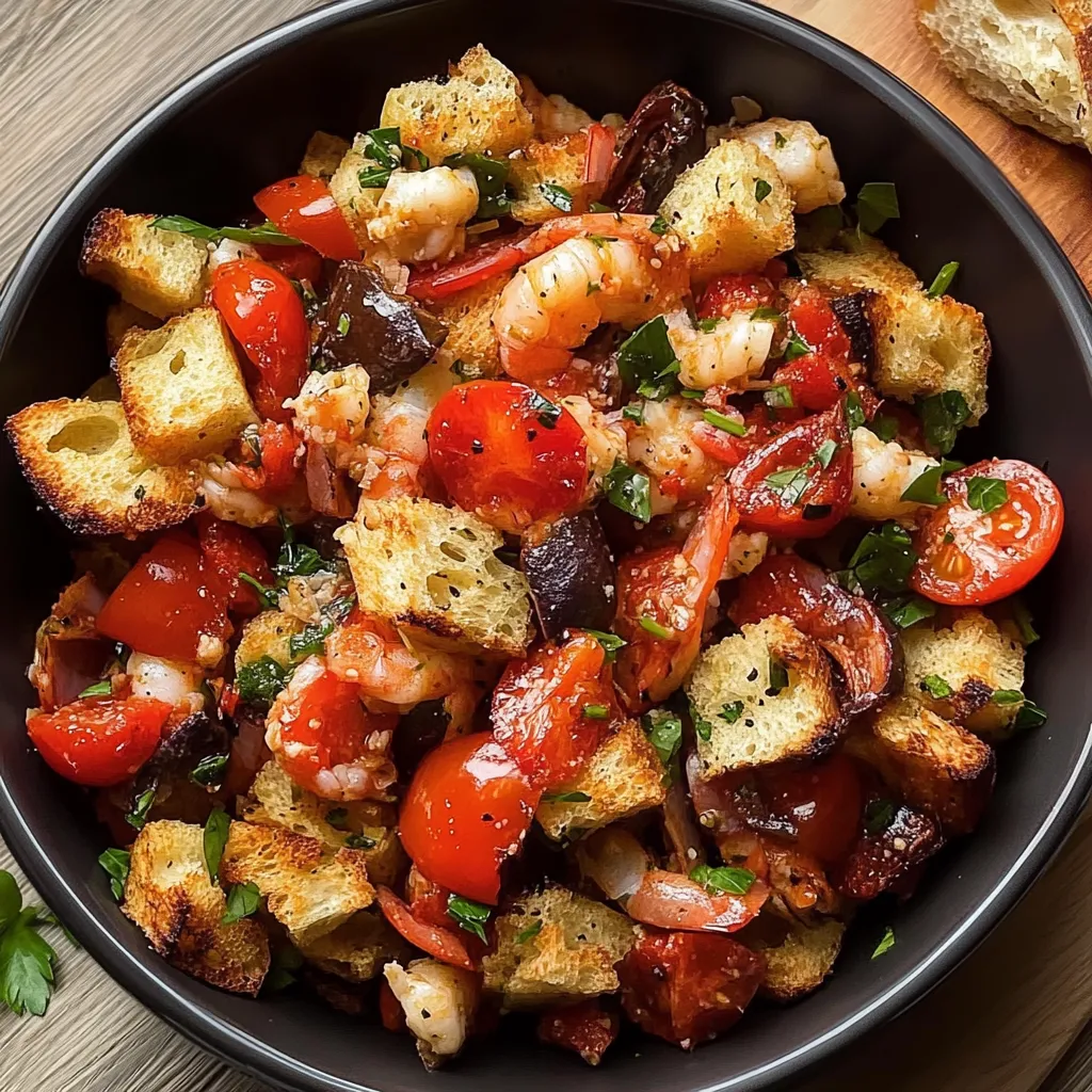 Pane tostato con verdure e pesce serviti in una ciotola colorata.