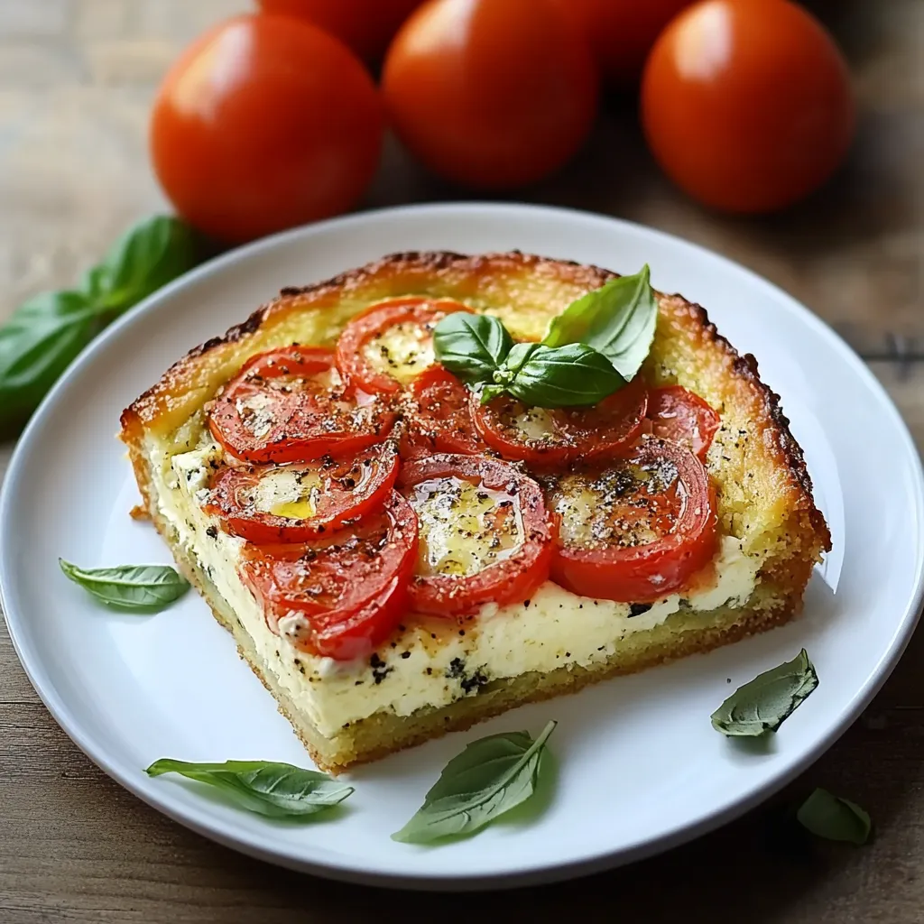 Fetta di torta salata con pomodori e basilico.