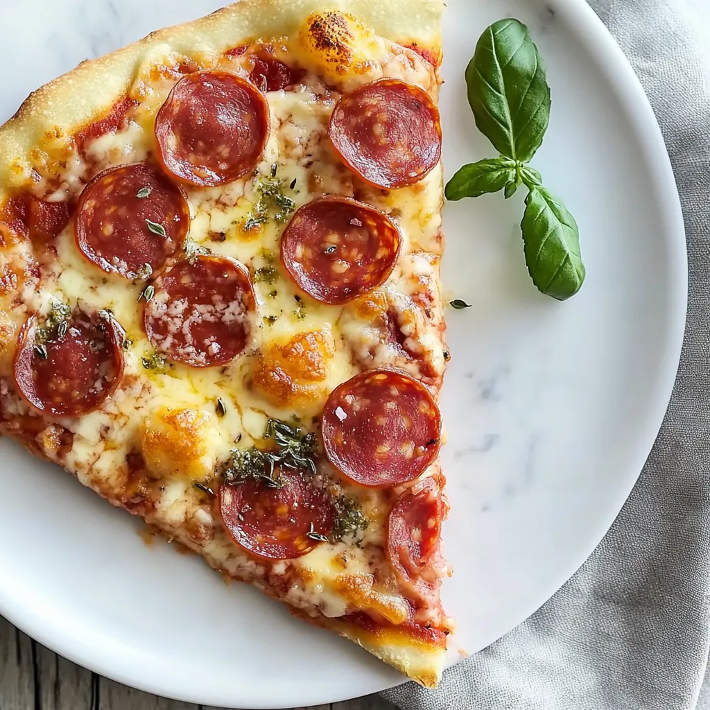 Fetta di pizza con salamino e basilico.