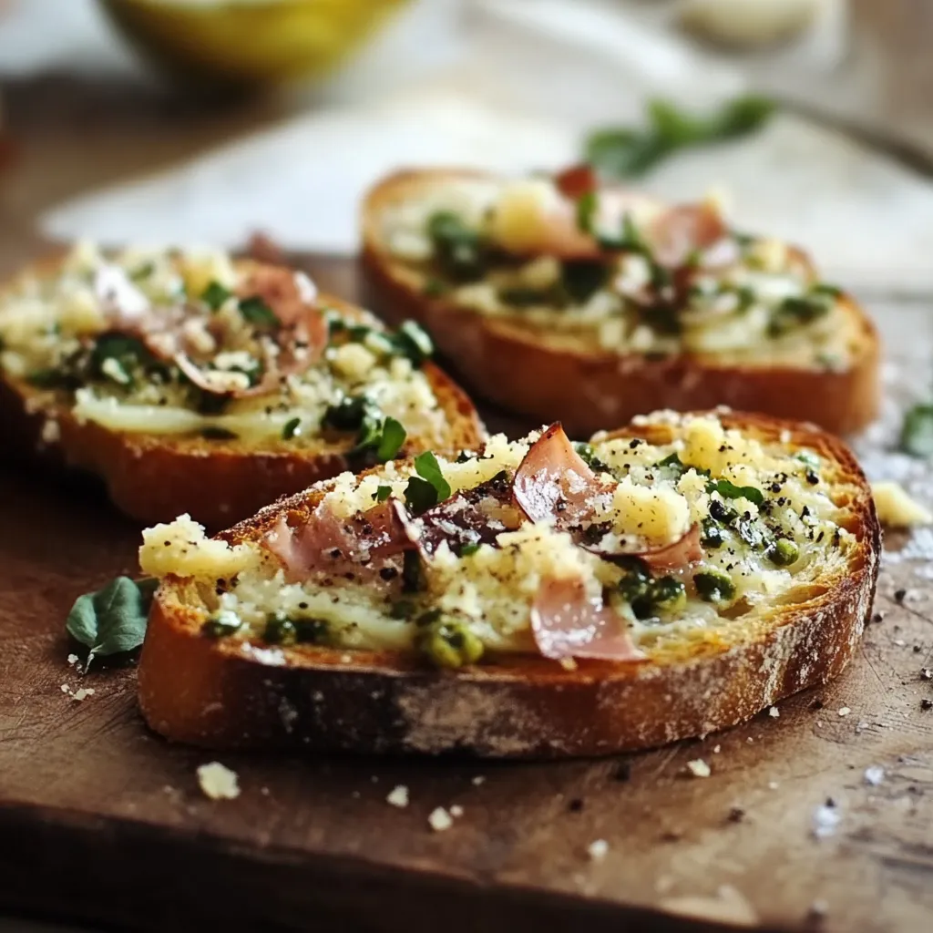 Pane tostato con formaggio e verdure visto dall’alto.